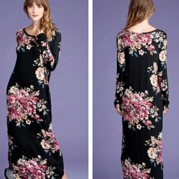 Oddy Black Floral Long Sleeve Maxi Dress w Pockets - Picture 8 of 9